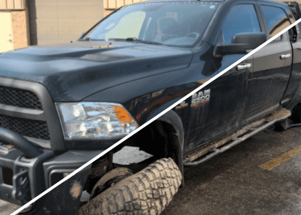 A Black Ram 2500, with a diagonal comparison of what it looked like before and after Evolve Auto's body work and services. The left side shows a shiny, glistening, newly repaired car body. The right side shows a weathered, worn, damaged car body with a twisted car tire.