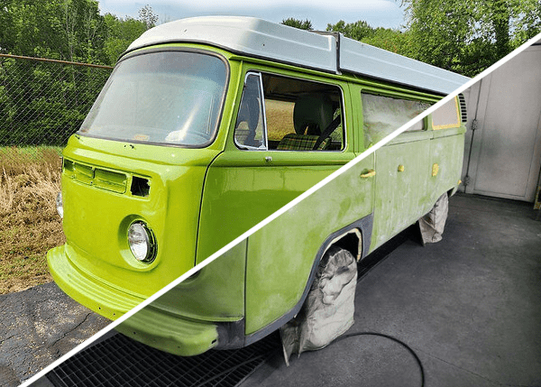 A green Volkswagen bus, with a diagonal comparison of what it looked like before and after Evolve Auto's restoration services. The left side is vivid, bright, and revitalized, while the right side shows a dull, dusty, damaged car body.